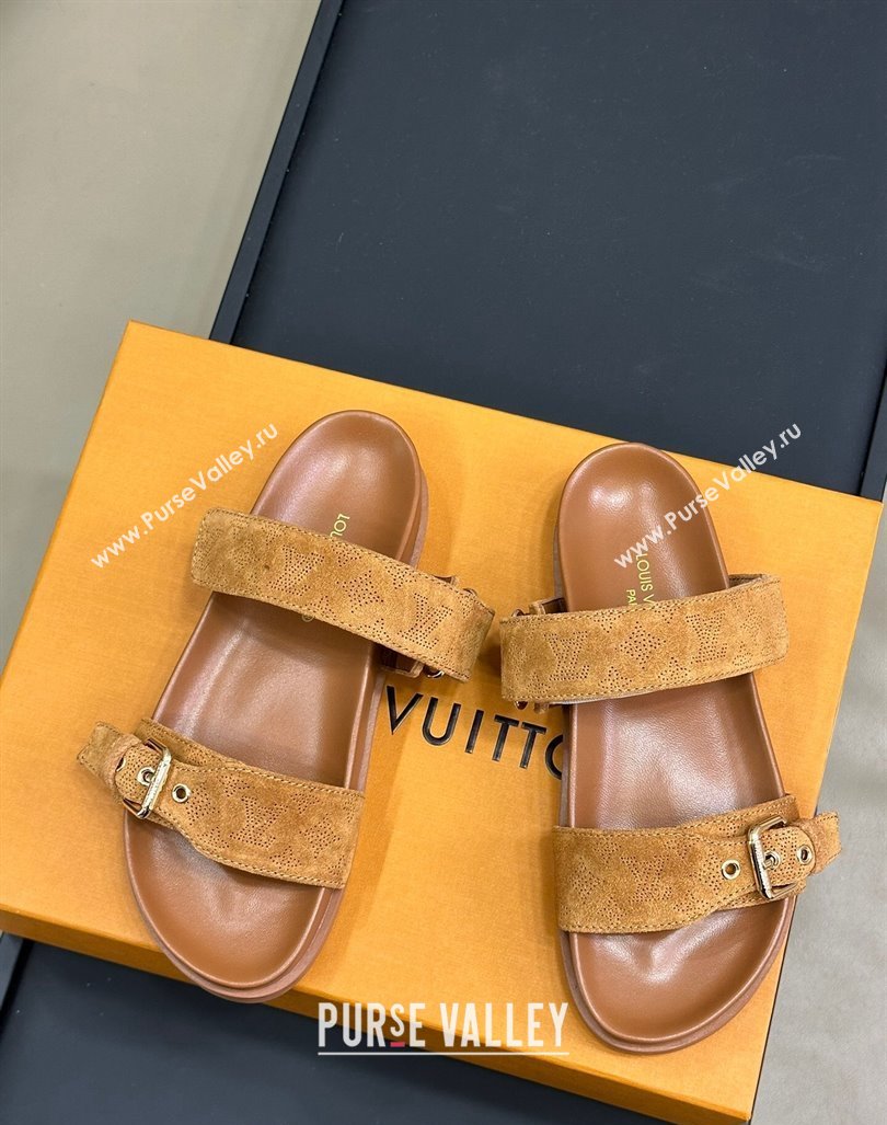 Louis Vuitton Bom Dia Flat Comfort Slides Sandal in Perforated Mahina Suede Brown 2024 (MD-240724131)