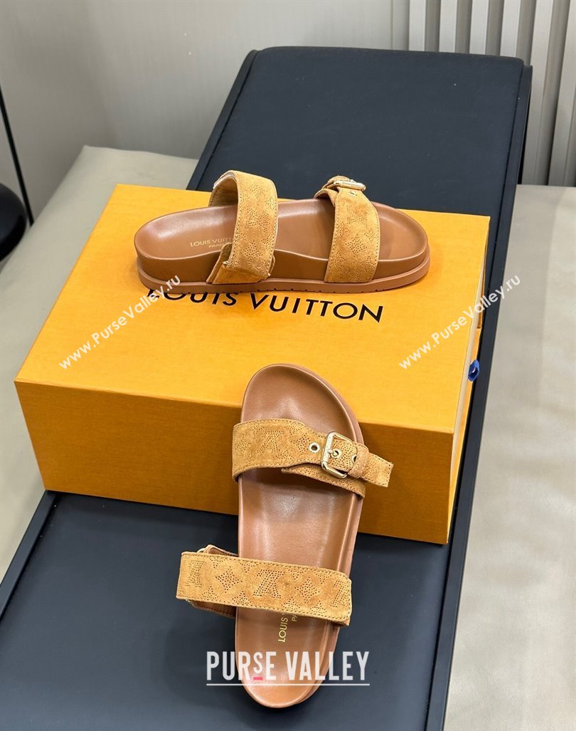 Louis Vuitton Bom Dia Flat Comfort Slides Sandal in Perforated Mahina Suede Brown 2024 (MD-240724131)