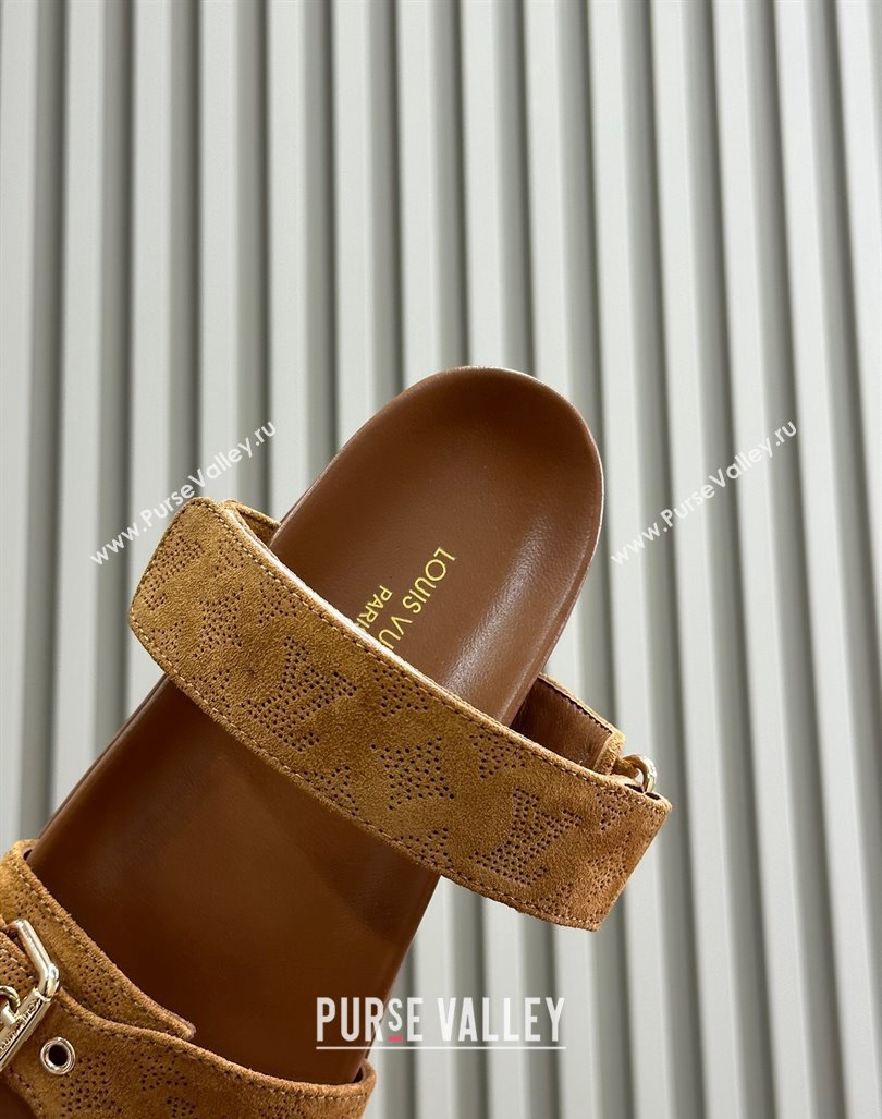 Louis Vuitton Bom Dia Flat Comfort Slides Sandal in Perforated Mahina Suede Brown 2024 (MD-240724131)