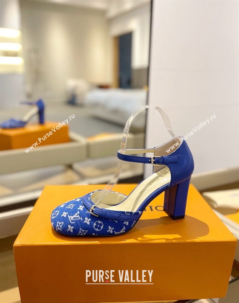 Louis Vuitton Mary Janes Pumps 8cm in Monogram Textile and Leather Blue 2024 0724 (SS-240724133)