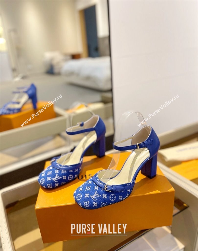 Louis Vuitton Mary Janes Pumps 8cm in Monogram Textile and Leather Blue 2024 0724 (SS-240724133)