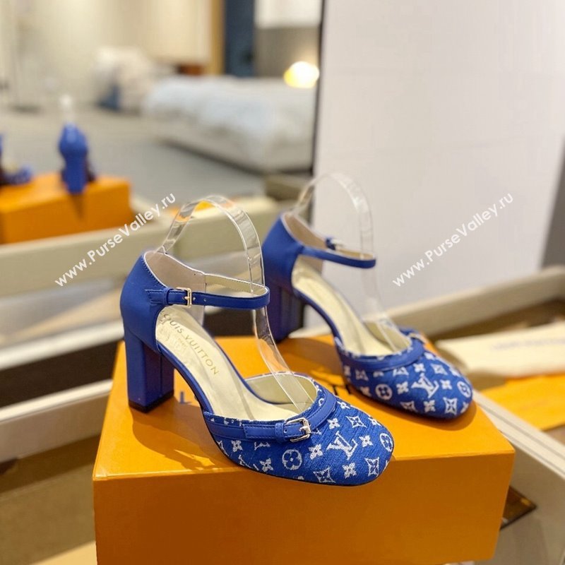 Louis Vuitton Mary Janes Pumps 8cm in Monogram Textile and Leather Blue 2024 0724 (SS-240724133)