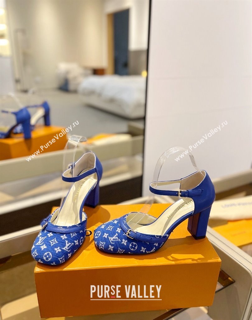 Louis Vuitton Mary Janes Pumps 8cm in Monogram Textile and Leather Blue 2024 0724 (SS-240724133)