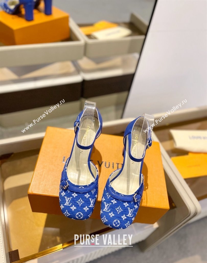 Louis Vuitton Mary Janes Pumps 8cm in Monogram Textile and Leather Blue 2024 0724 (SS-240724133)