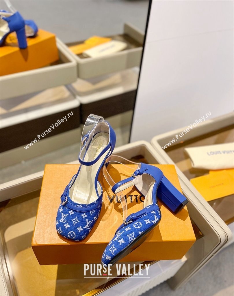 Louis Vuitton Mary Janes Pumps 8cm in Monogram Textile and Leather Blue 2024 0724 (SS-240724133)