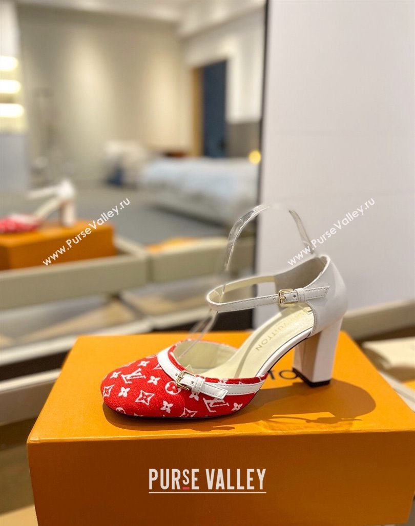 Louis Vuitton Mary Janes Pumps 8cm in Monogram Textile and Leather Red/White 2024 0724 (SS-240724134)