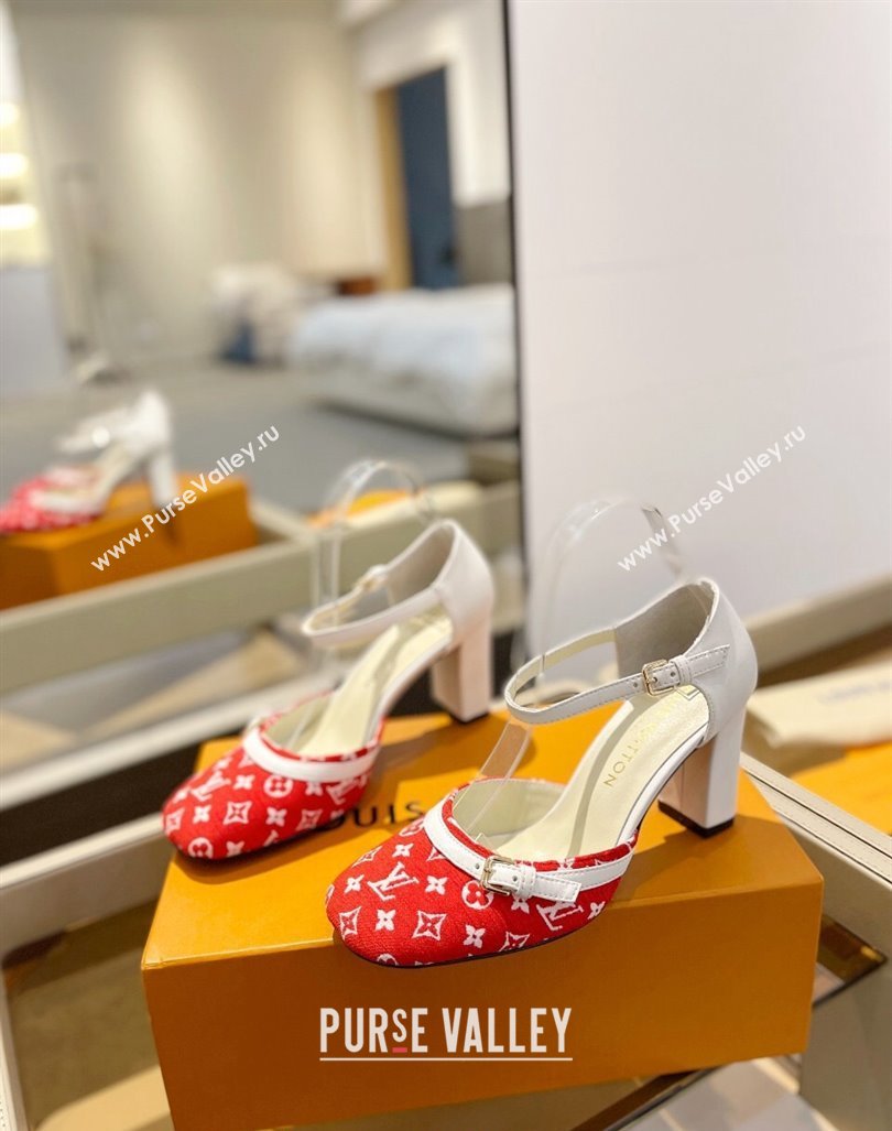 Louis Vuitton Mary Janes Pumps 8cm in Monogram Textile and Leather Red/White 2024 0724 (SS-240724134)