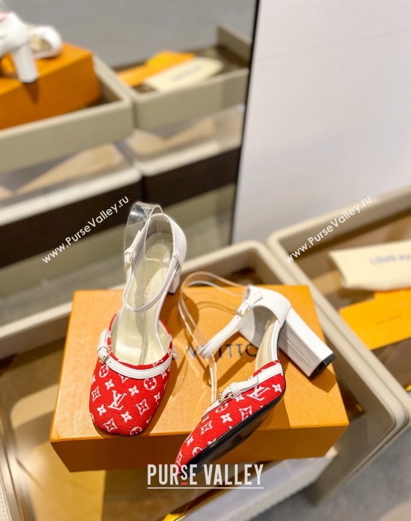 Louis Vuitton Mary Janes Pumps 8cm in Monogram Textile and Leather Red/White 2024 0724 (SS-240724134)