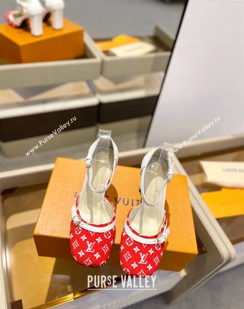 Louis Vuitton Mary Janes Pumps 8cm in Monogram Textile and Leather Red/White 2024 0724 (SS-240724134)