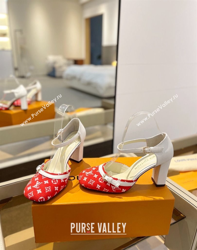 Louis Vuitton Mary Janes Pumps 8cm in Monogram Textile and Leather Red/White 2024 0724 (SS-240724134)