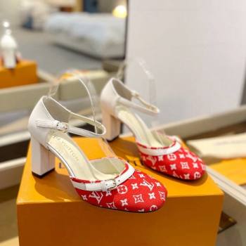 Louis Vuitton Mary Janes Pumps 8cm in Monogram Textile and Leather Red/White 2024 0724 (SS-240724134)