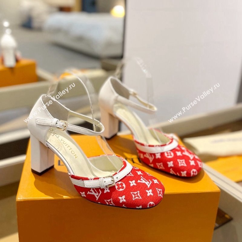 Louis Vuitton Mary Janes Pumps 8cm in Monogram Textile and Leather Red/White 2024 0724 (SS-240724134)