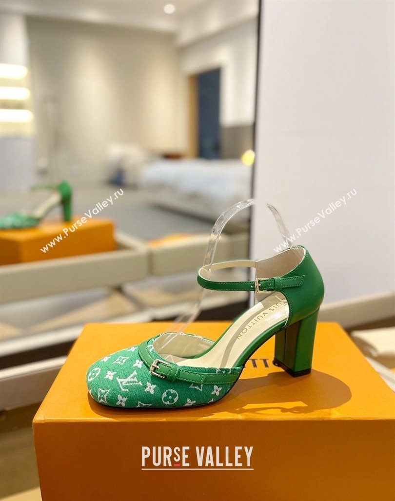 Louis Vuitton Mary Janes Pumps 8cm in Monogram Textile and Leather Green 2024 0724 (SS-240724135)