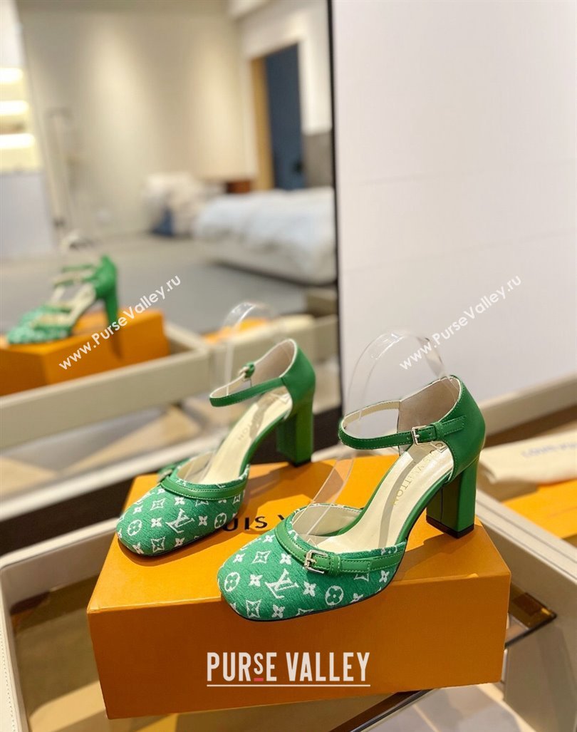 Louis Vuitton Mary Janes Pumps 8cm in Monogram Textile and Leather Green 2024 0724 (SS-240724135)