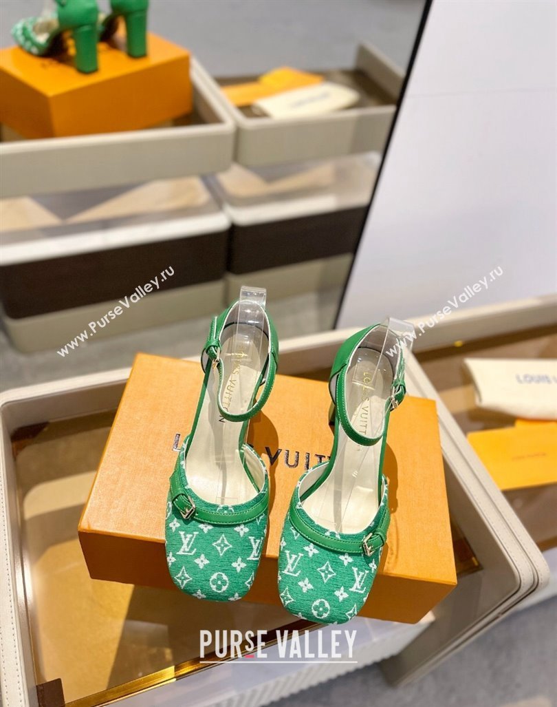 Louis Vuitton Mary Janes Pumps 8cm in Monogram Textile and Leather Green 2024 0724 (SS-240724135)