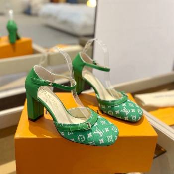 Louis Vuitton Mary Janes Pumps 8cm in Monogram Textile and Leather Green 2024 0724 (SS-240724135)