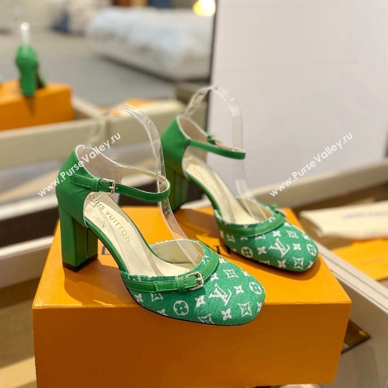 Louis Vuitton Mary Janes Pumps 8cm in Monogram Textile and Leather Green 2024 0724 (SS-240724135)