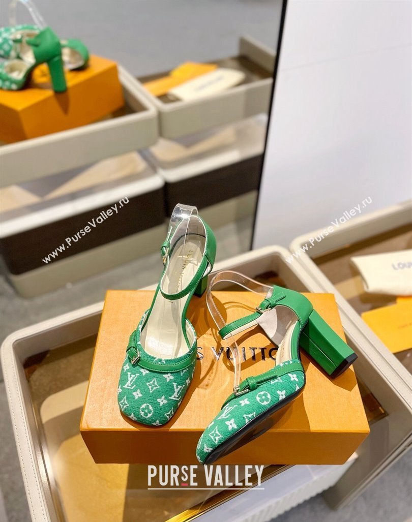 Louis Vuitton Mary Janes Pumps 8cm in Monogram Textile and Leather Green 2024 0724 (SS-240724135)