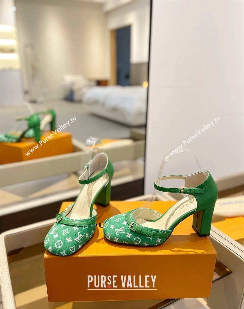 Louis Vuitton Mary Janes Pumps 8cm in Monogram Textile and Leather Green 2024 0724 (SS-240724135)