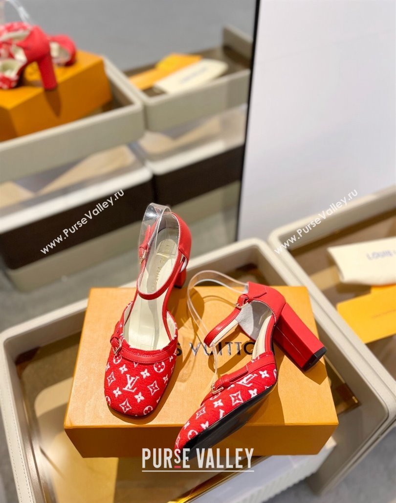 Louis Vuitton Mary Janes Pumps 8cm in Monogram Textile and Leather Red 2 2024 0724 (SS-240724137)