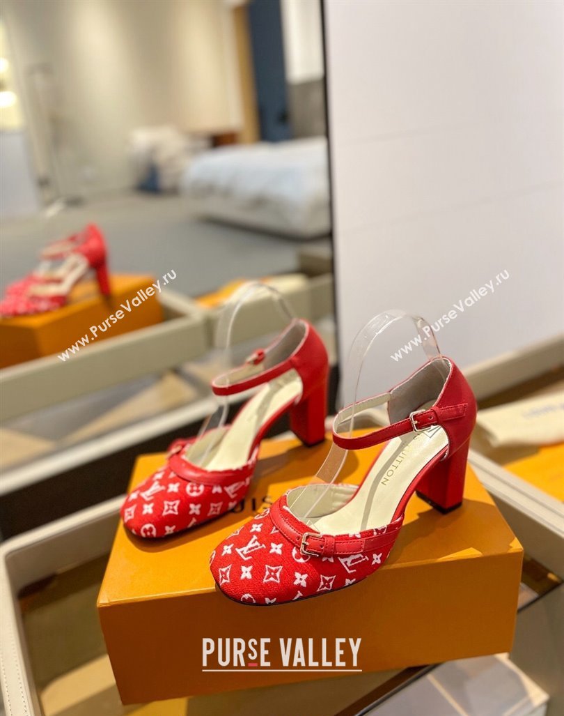 Louis Vuitton Mary Janes Pumps 8cm in Monogram Textile and Leather Red 2 2024 0724 (SS-240724137)