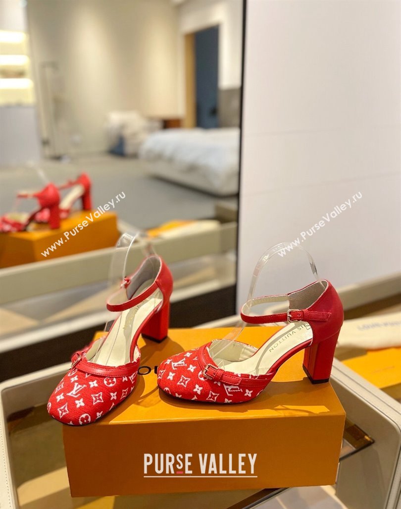 Louis Vuitton Mary Janes Pumps 8cm in Monogram Textile and Leather Red 2 2024 0724 (SS-240724137)