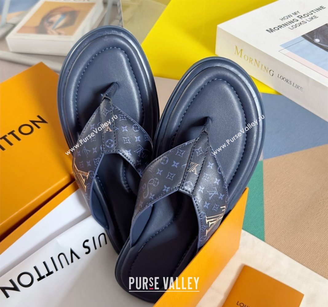 Louis Vuitton Mens Flat Thong Slides Sandal in Calf Leather Dark Blue 2024 0815 (MD-240815075)