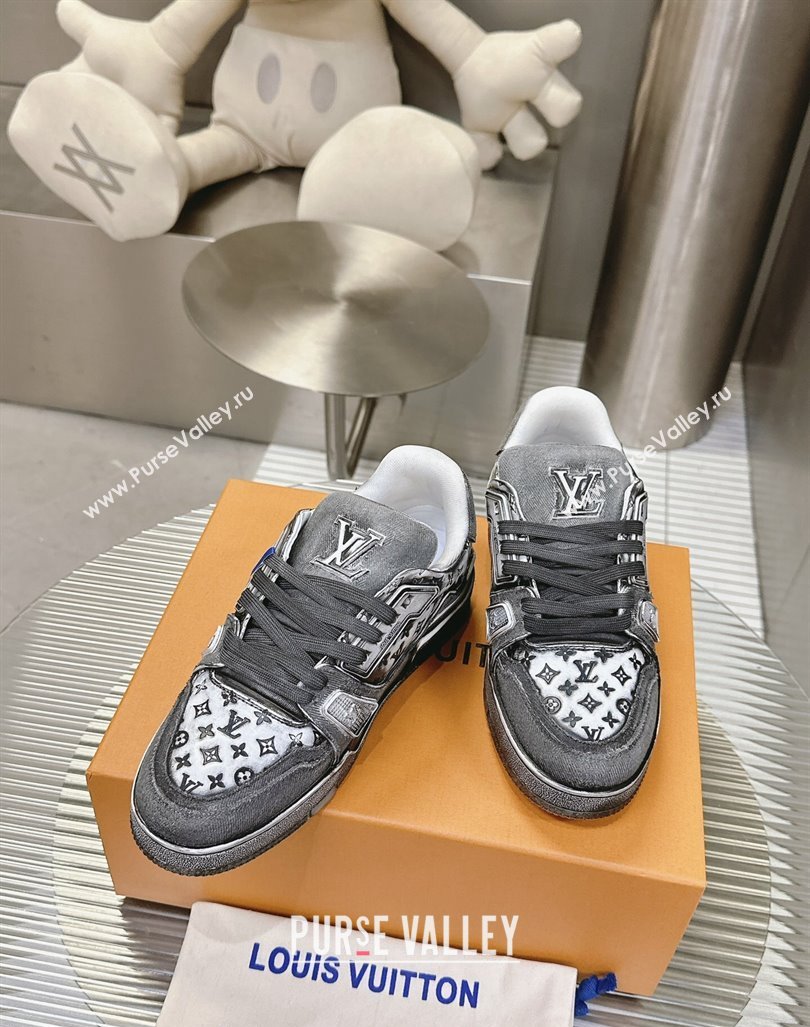 Louis Vuitton LV Trainer Sneakers in Bleached Leather and Denim Grey 2024 0815 (MD-240815094)