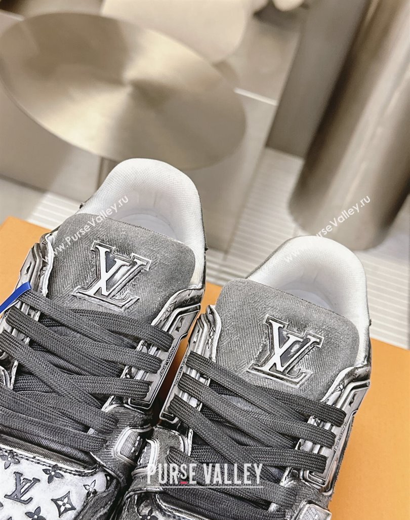 Louis Vuitton LV Trainer Sneakers in Bleached Leather and Denim Grey 2024 0815 (MD-240815094)