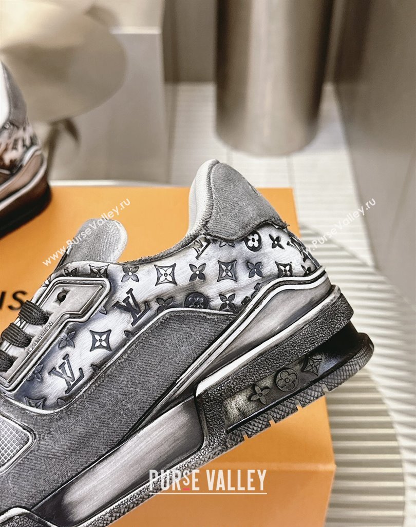 Louis Vuitton LV Trainer Sneakers in Bleached Leather and Denim Grey 2024 0815 (MD-240815094)