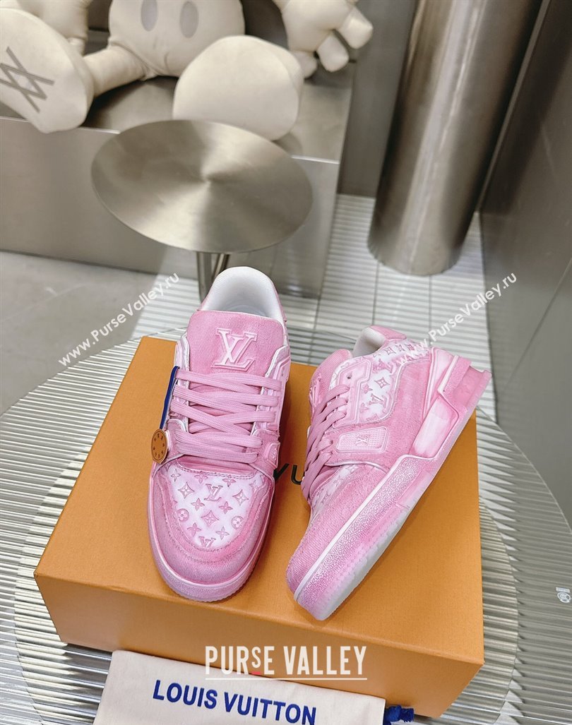 Louis Vuitton LV Trainer Sneakers in Bleached Leather and Denim Light Pink 2024 0815 (MD-240815095)