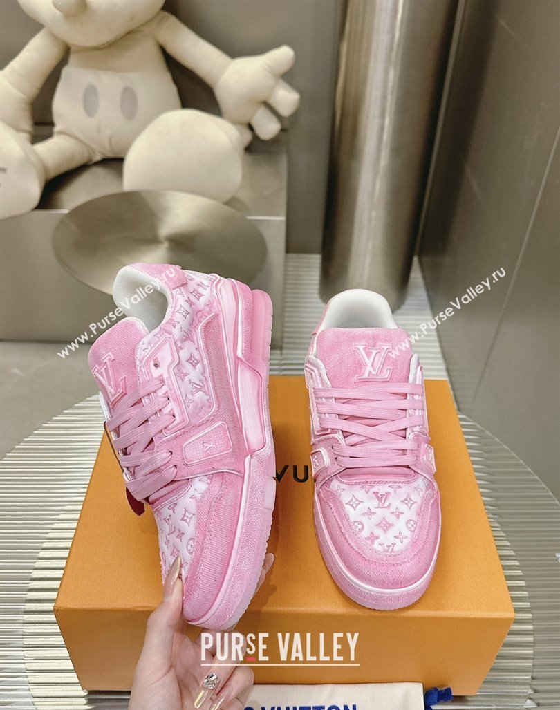 Louis Vuitton LV Trainer Sneakers in Bleached Leather and Denim Light Pink 2024 0815 (MD-240815095)