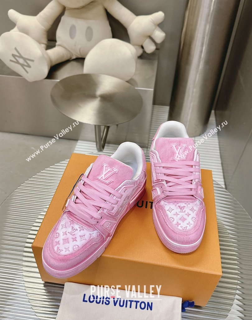 Louis Vuitton LV Trainer Sneakers in Bleached Leather and Denim Light Pink 2024 0815 (MD-240815095)