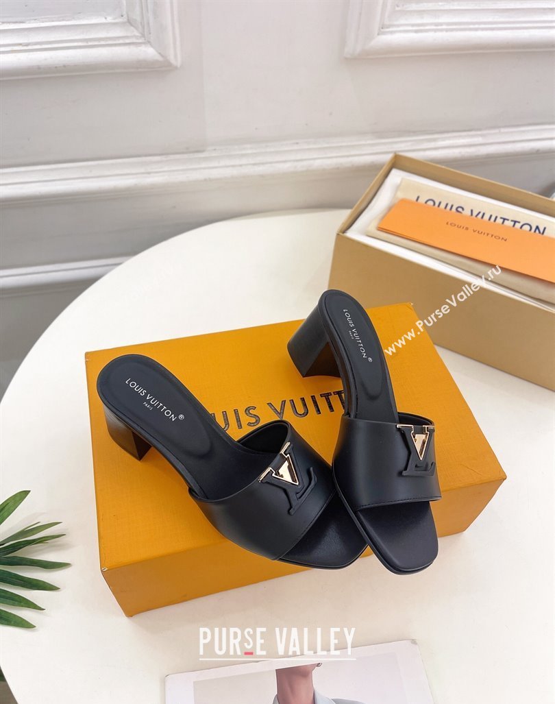 Louis Vuitton LV Capri Heel Slides Sandal 5cm in Calf Leather Black 2024 0815 (MD-240815108)