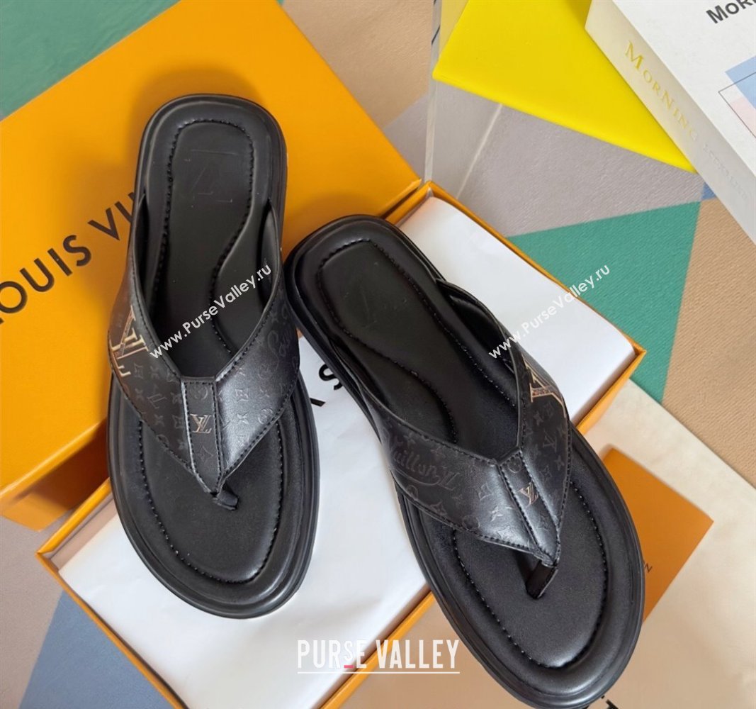 Louis Vuitton Mens Flat Thong Slides Sandal in Calf Leather Black 2024 0815 (MD-240815079)