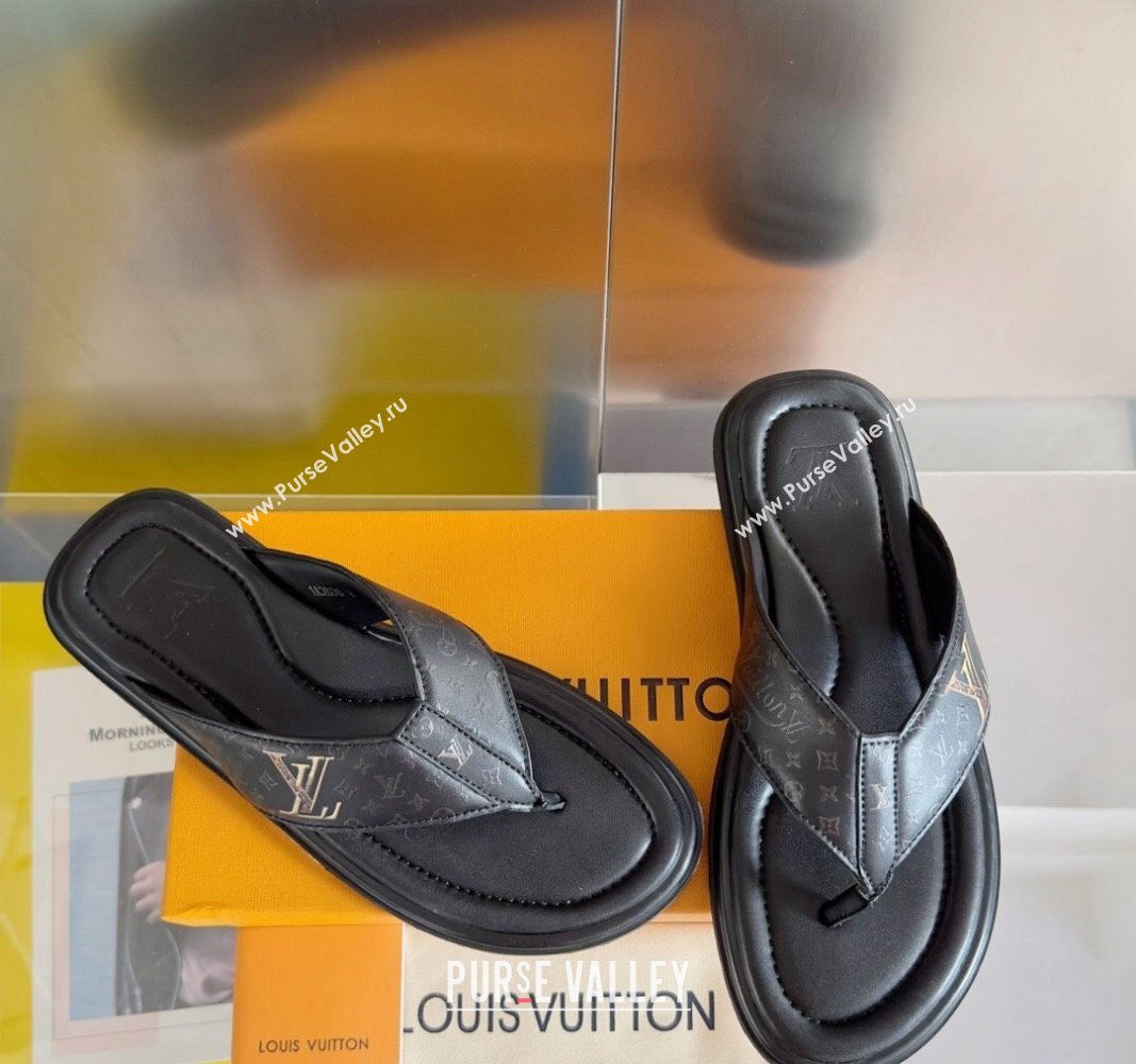 Louis Vuitton Mens Flat Thong Slides Sandal in Calf Leather Black 2024 0815 (MD-240815079)