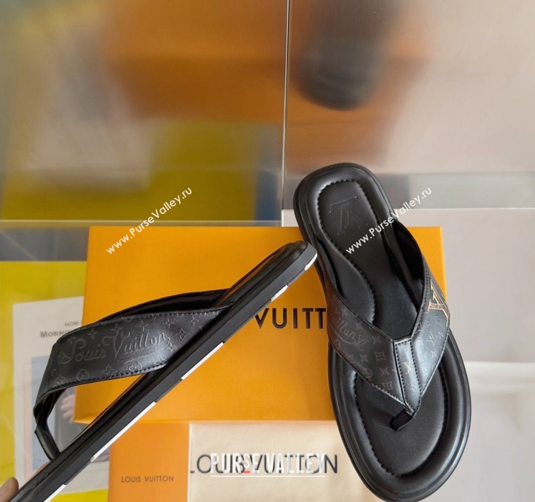 Louis Vuitton Mens Flat Thong Slides Sandal in Calf Leather Black 2024 0815 (MD-240815079)