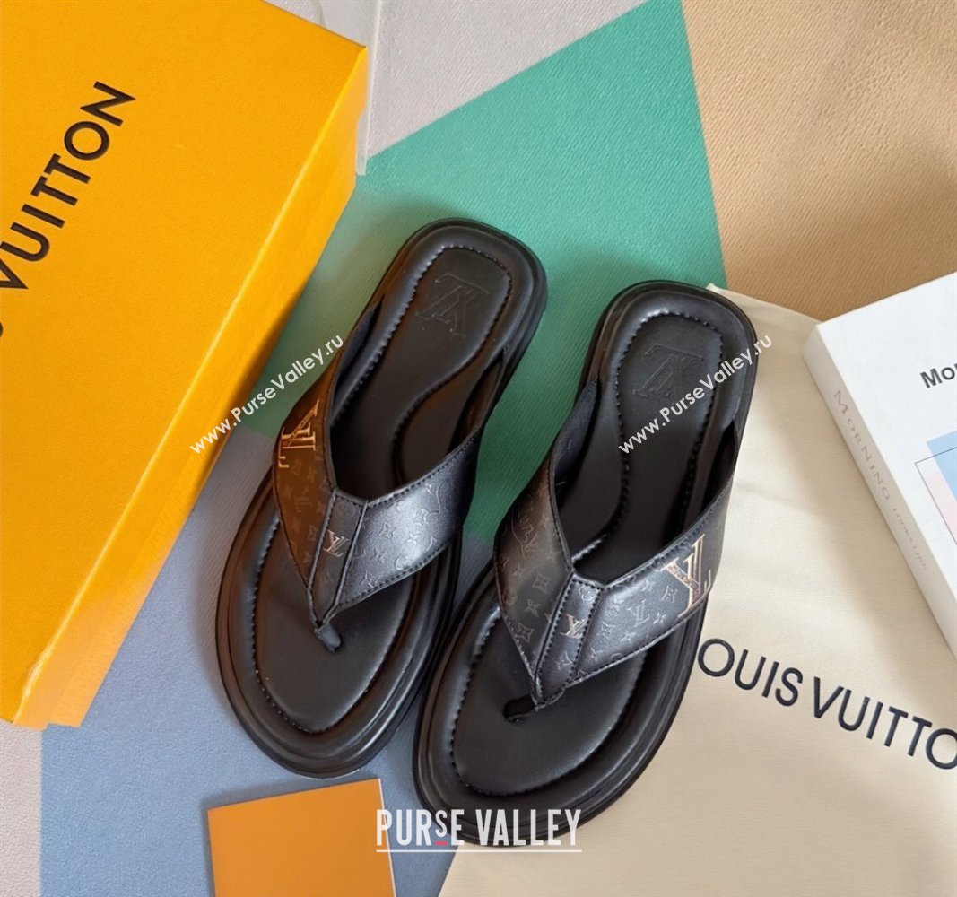 Louis Vuitton Mens Flat Thong Slides Sandal in Calf Leather Black 2024 0815 (MD-240815079)