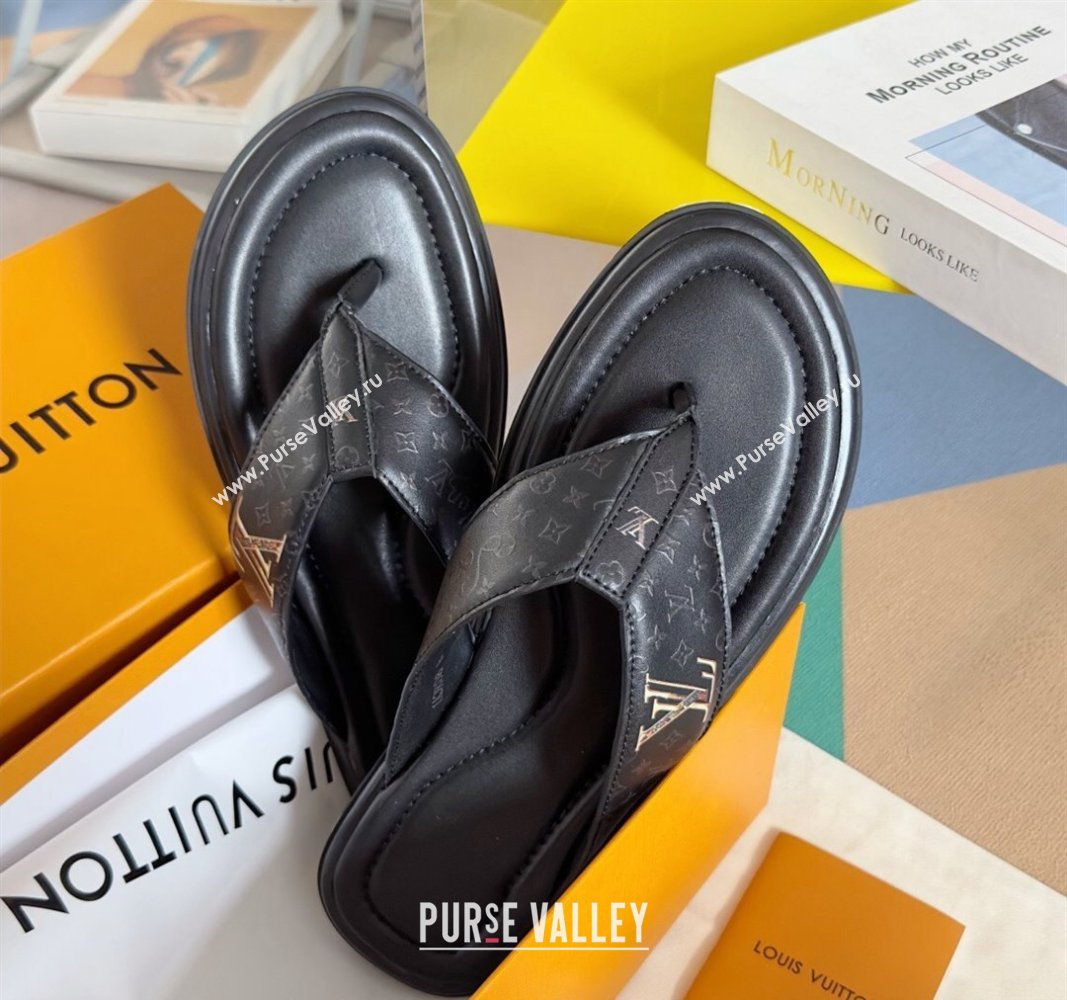 Louis Vuitton Mens Flat Thong Slides Sandal in Calf Leather Black 2024 0815 (MD-240815079)