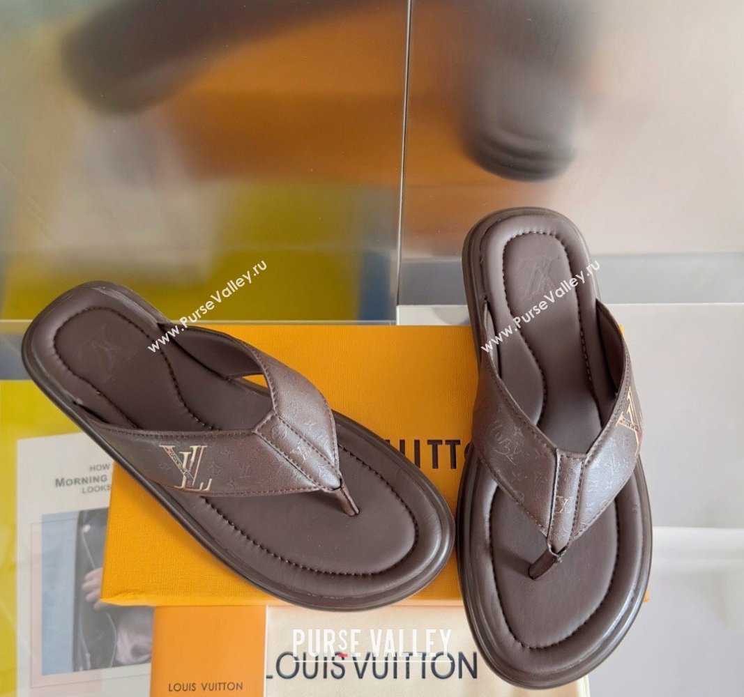 Louis Vuitton Mens Flat Thong Slides Sandal in Calf Leather Brown 2024 0815 (MD-240815077)