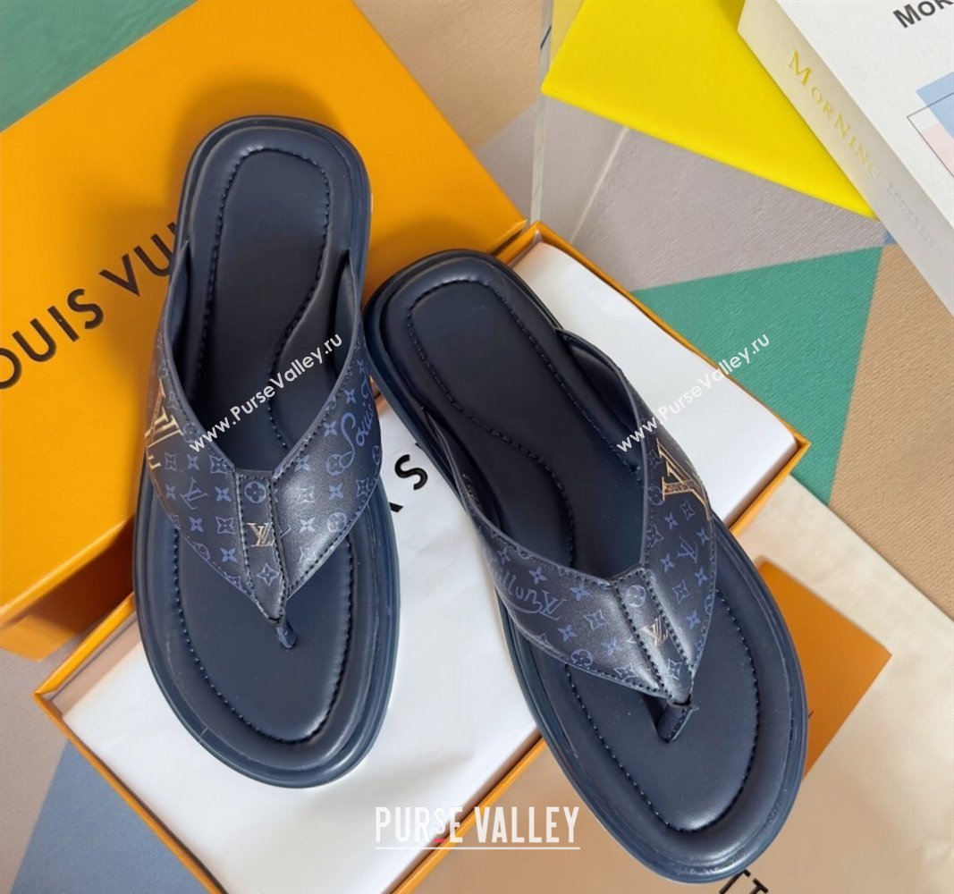 Louis Vuitton Mens Flat Thong Slides Sandal in Calf Leather Dark Blue 2024 0815 (MD-240815075)