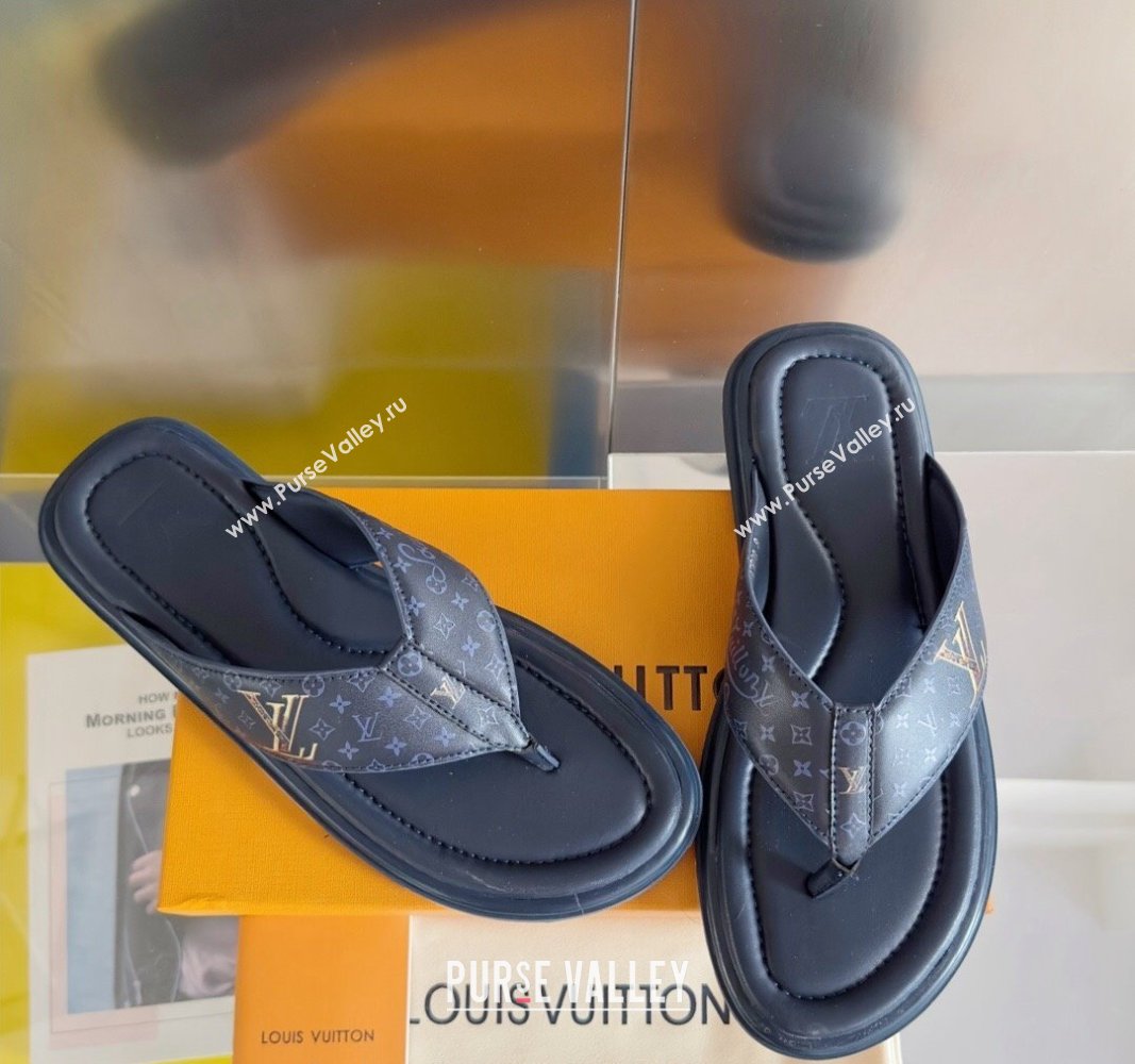 Louis Vuitton Mens Flat Thong Slides Sandal in Calf Leather Dark Blue 2024 0815 (MD-240815075)