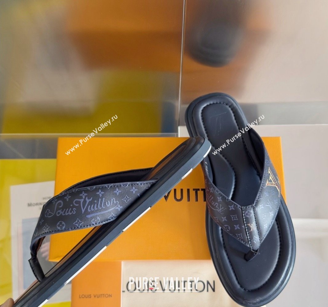 Louis Vuitton Mens Flat Thong Slides Sandal in Calf Leather Dark Blue 2024 0815 (MD-240815075)