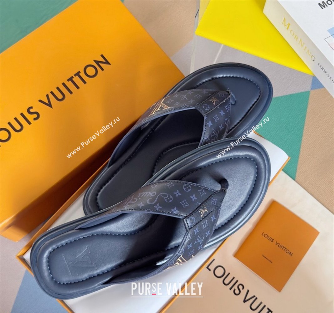 Louis Vuitton Mens Flat Thong Slides Sandal in Calf Leather Dark Blue 2024 0815 (MD-240815075)