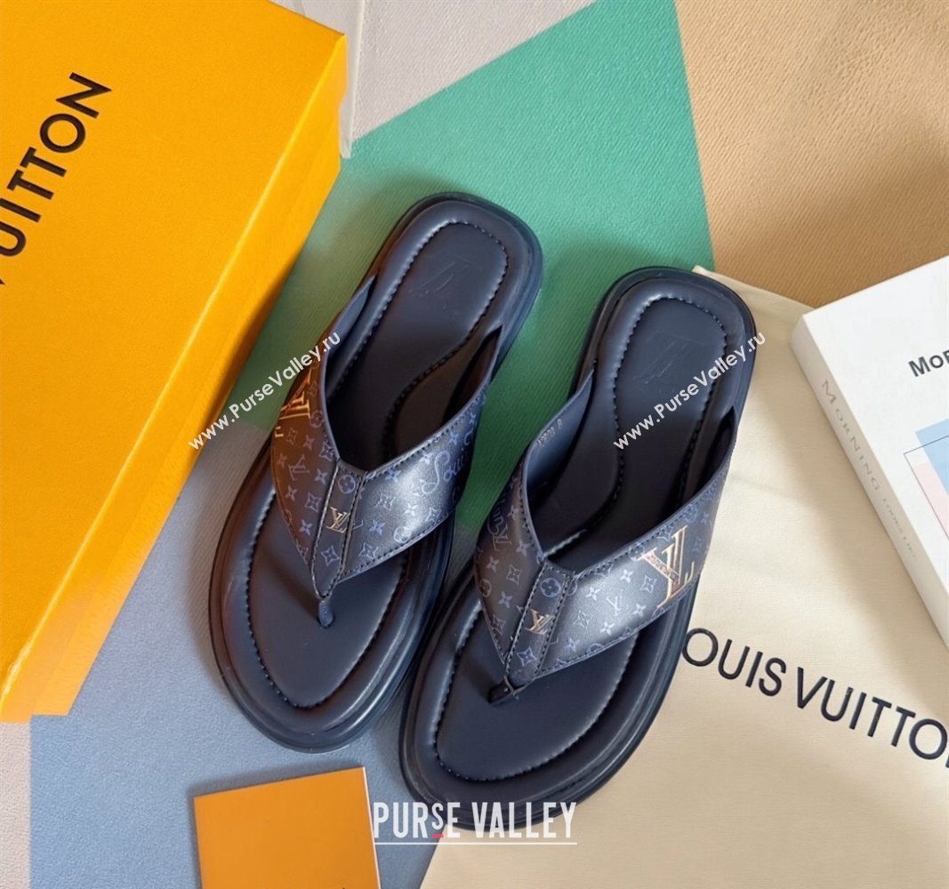 Louis Vuitton Mens Flat Thong Slides Sandal in Calf Leather Dark Blue 2024 0815 (MD-240815075)