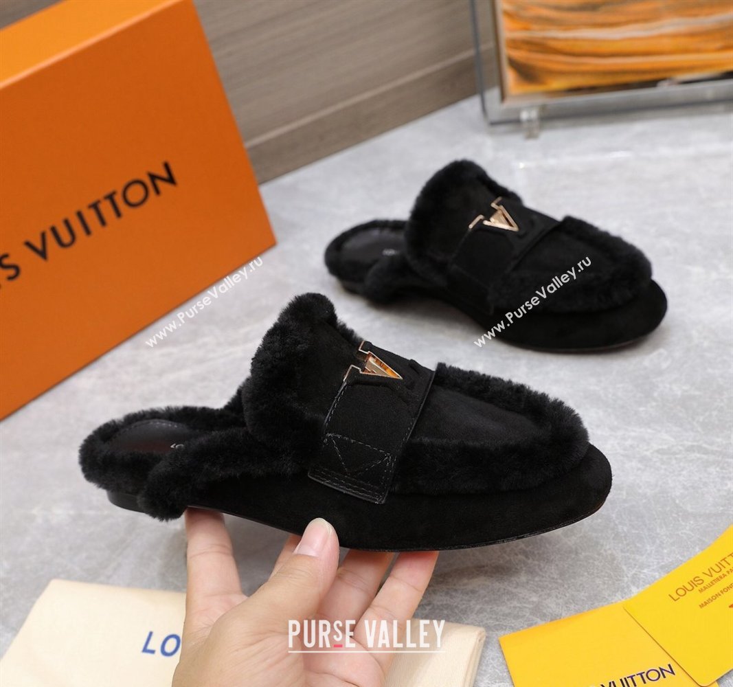 Louis Vuitton LV Capri Open Back Loafers/Flat Mules in Suede and Wool Black 2024 (MD-240905090)