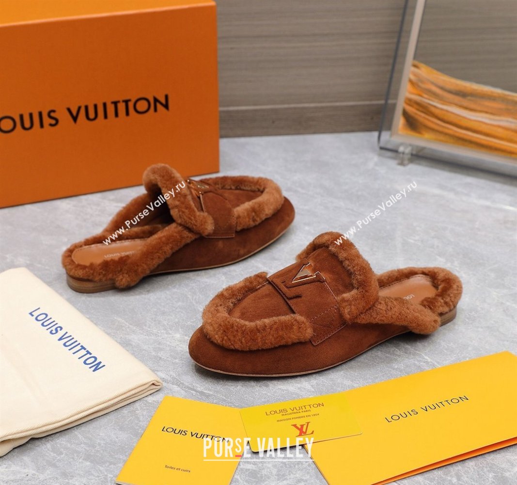 Louis Vuitton LV Capri Open Back Loafers/Flat Mules in Suede and Wool Dark Brown 2024 (MD-240905091)