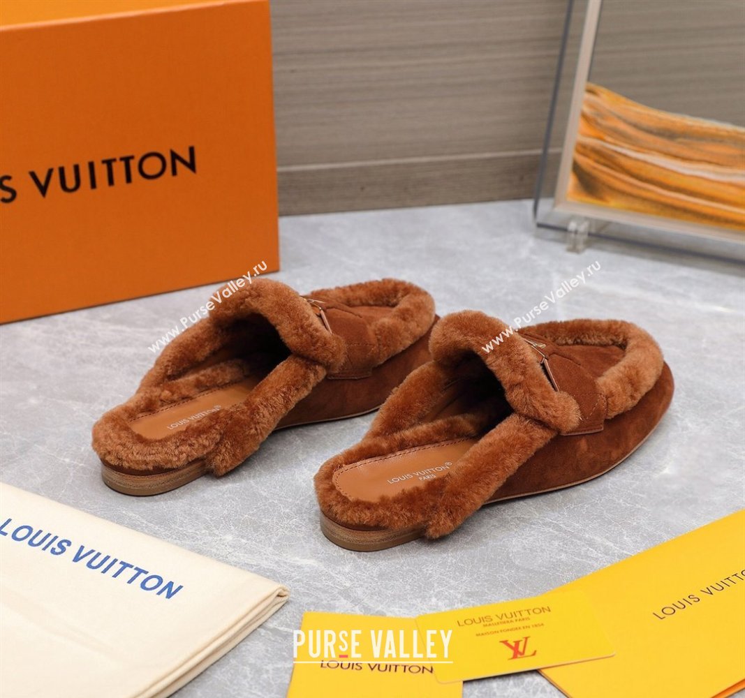 Louis Vuitton LV Capri Open Back Loafers/Flat Mules in Suede and Wool Dark Brown 2024 (MD-240905091)