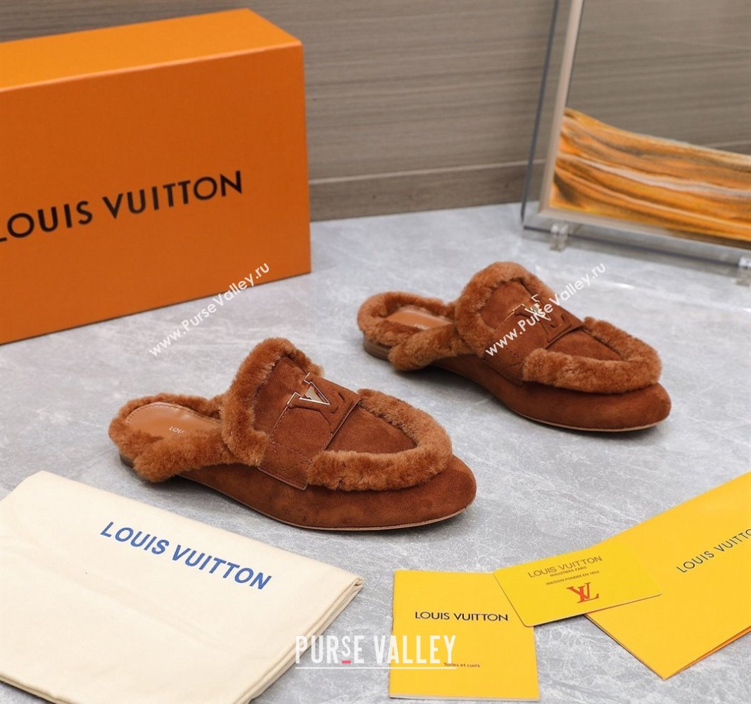 Louis Vuitton LV Capri Open Back Loafers/Flat Mules in Suede and Wool Dark Brown 2024 (MD-240905091)