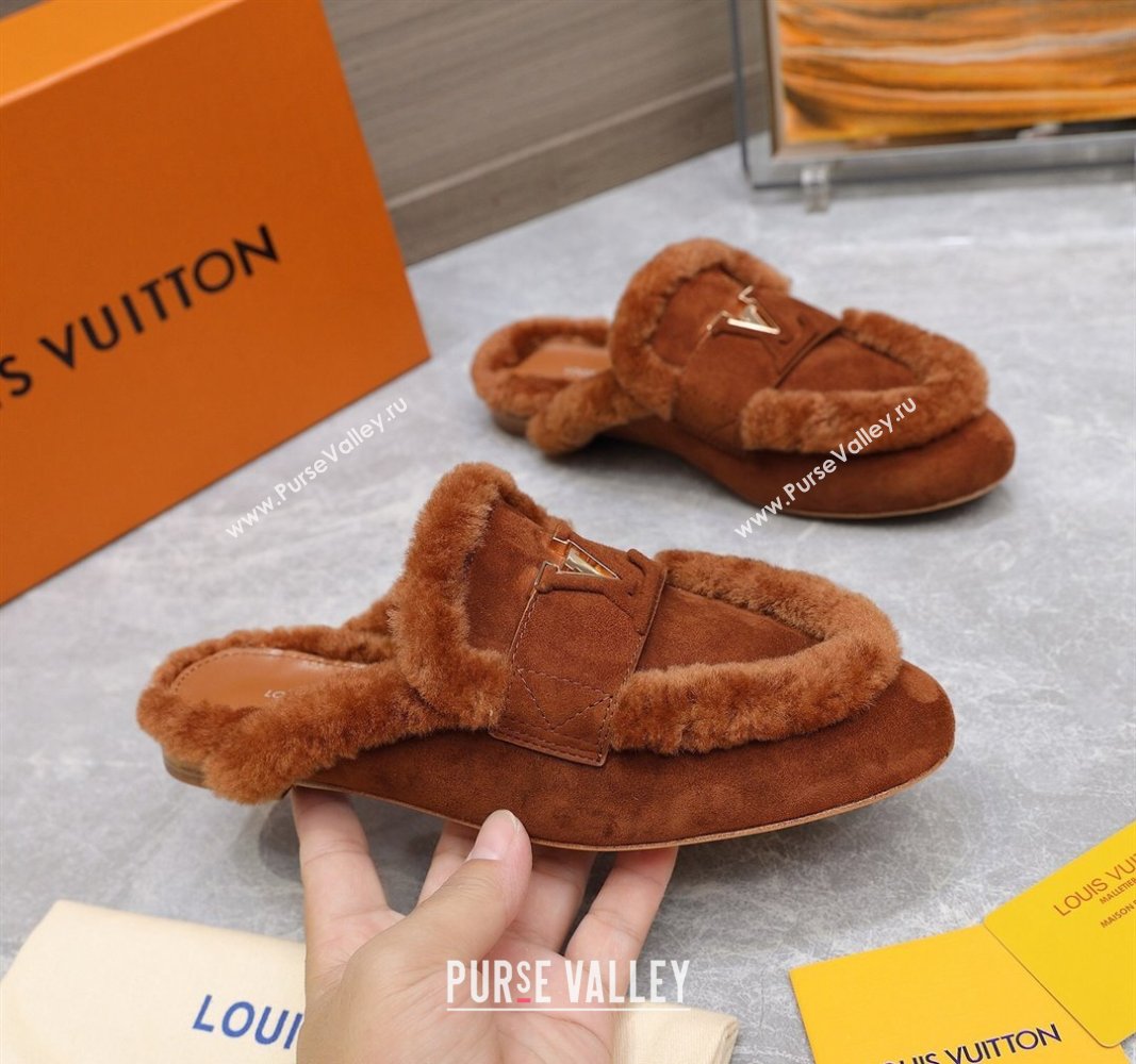 Louis Vuitton LV Capri Open Back Loafers/Flat Mules in Suede and Wool Dark Brown 2024 (MD-240905091)